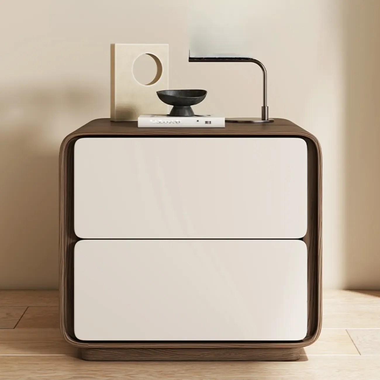 Modern Faux Leather Wood Top 2 Drawers Nightstand Image - 1