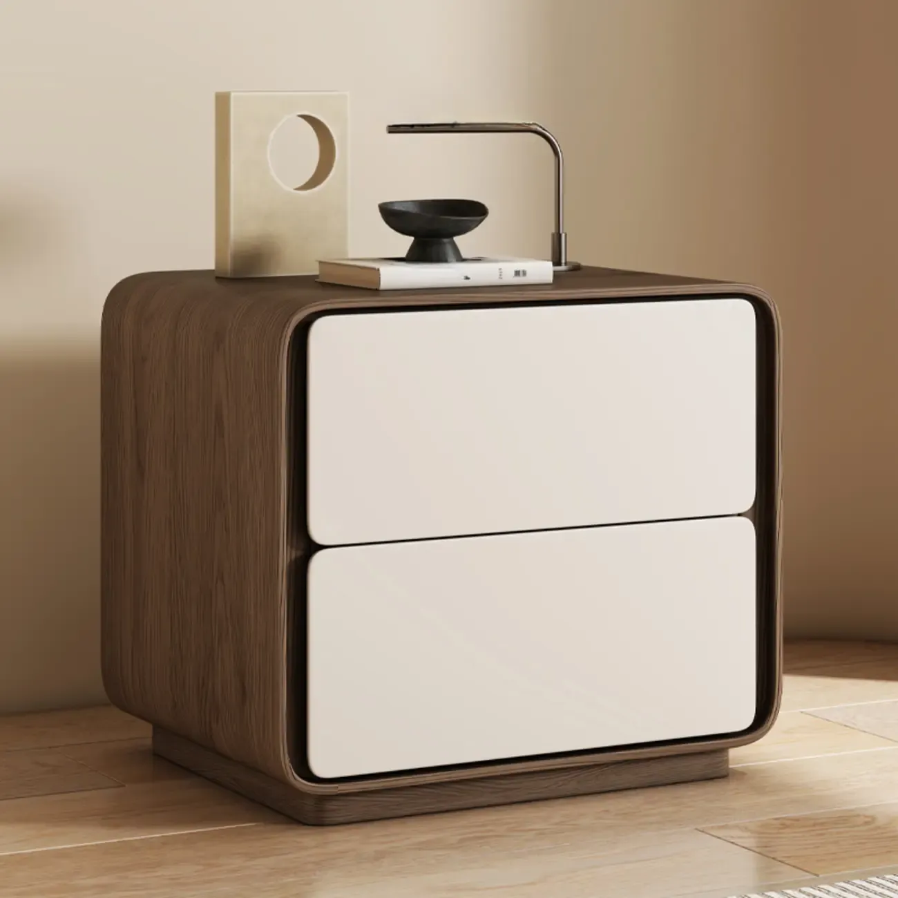 Modern Faux Leather Wood Top 2 Drawers Nightstand Image - 2