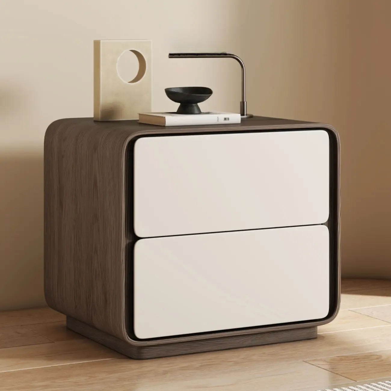 Modern Faux Leather Wood Top 2 Drawers Nightstand Image - 3