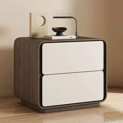 Modern Faux Leather Wood Top 2 Drawers Nightstand Image - 3