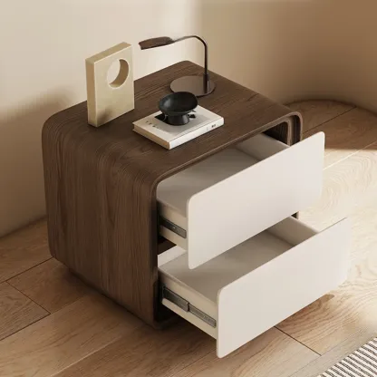 Modern Faux Leather Wood Top 2 Drawers Nightstand Image - 4