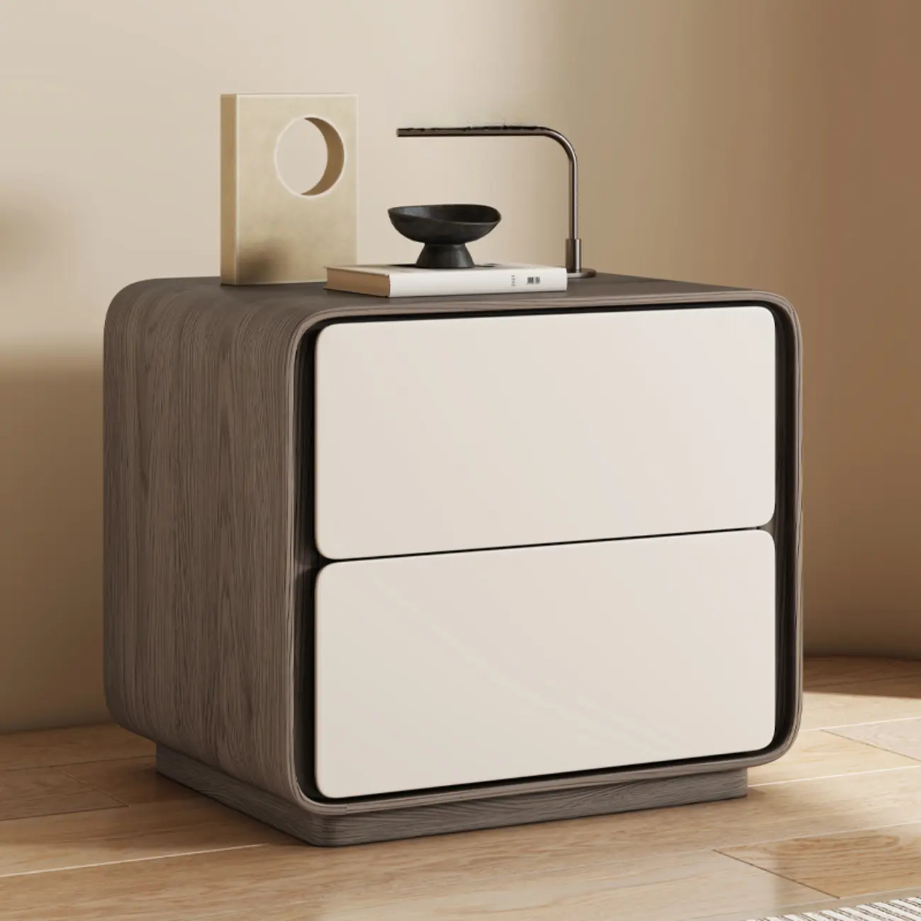 Modern Faux Leather Wood Top 2 Drawers Nightstand Image - 5 | homeyfad