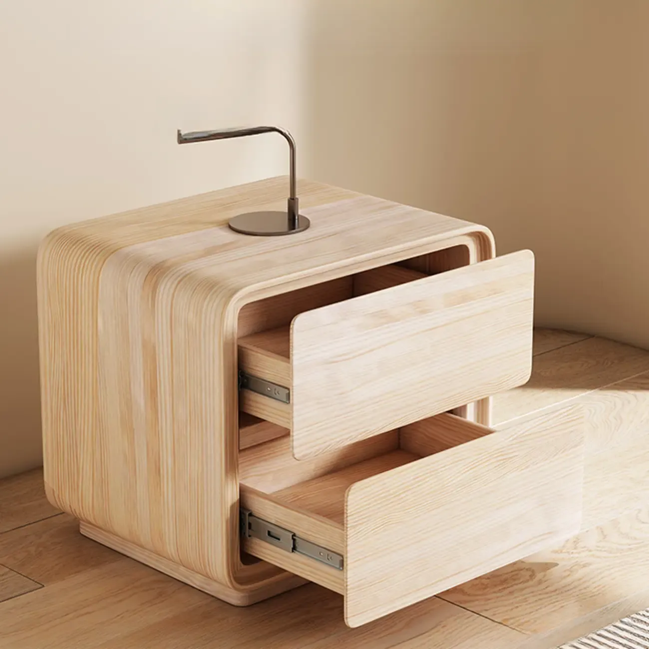 Modern Faux Leather Wood Top 2 Drawers Nightstand Image - 6