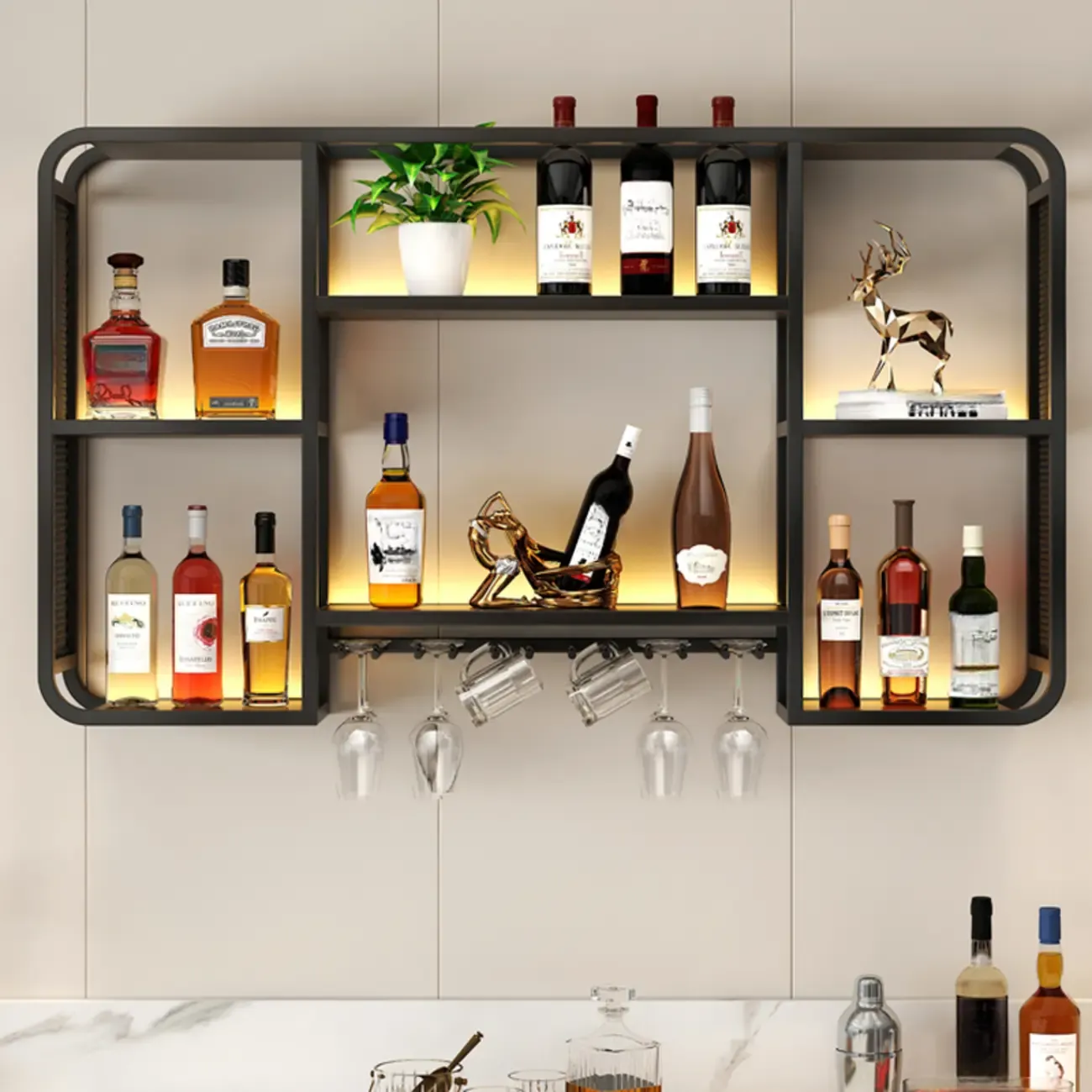 Alloy Wall Mount Wine Holder Bottle with Shelf Image - 3