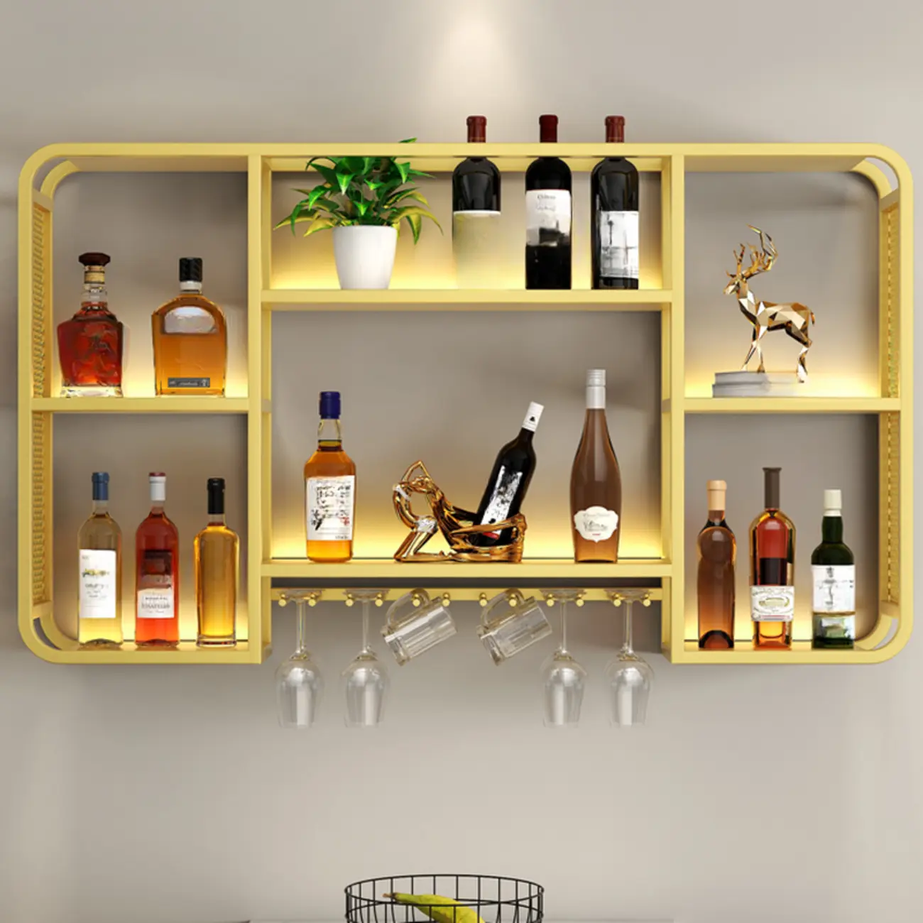 Alloy Wall Mount Wine Holder Bottle with Shelf Image - 2 | homeyfad