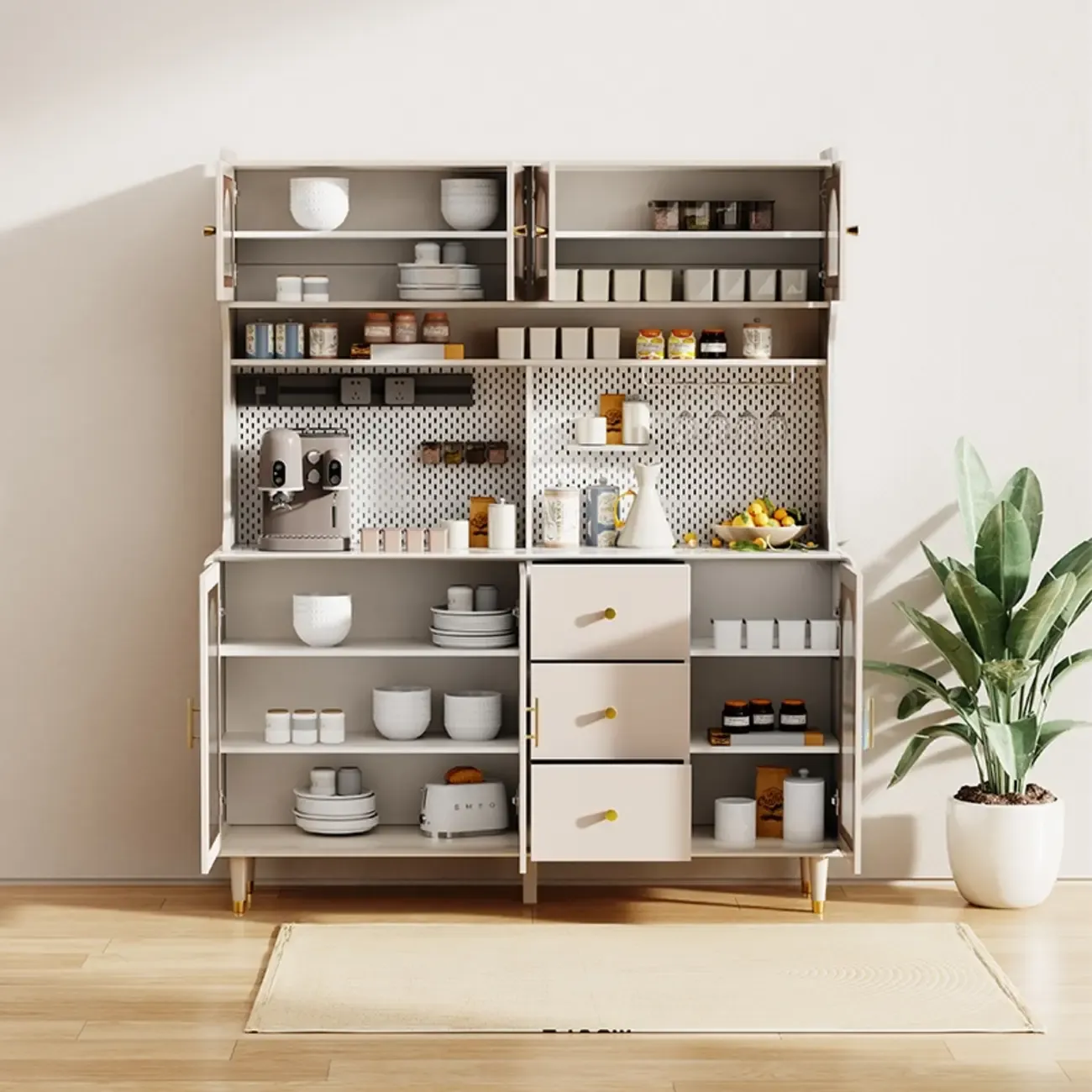 Multi-Functional White Wood Arched Glass Door Sideboard Cabinet Image - 8