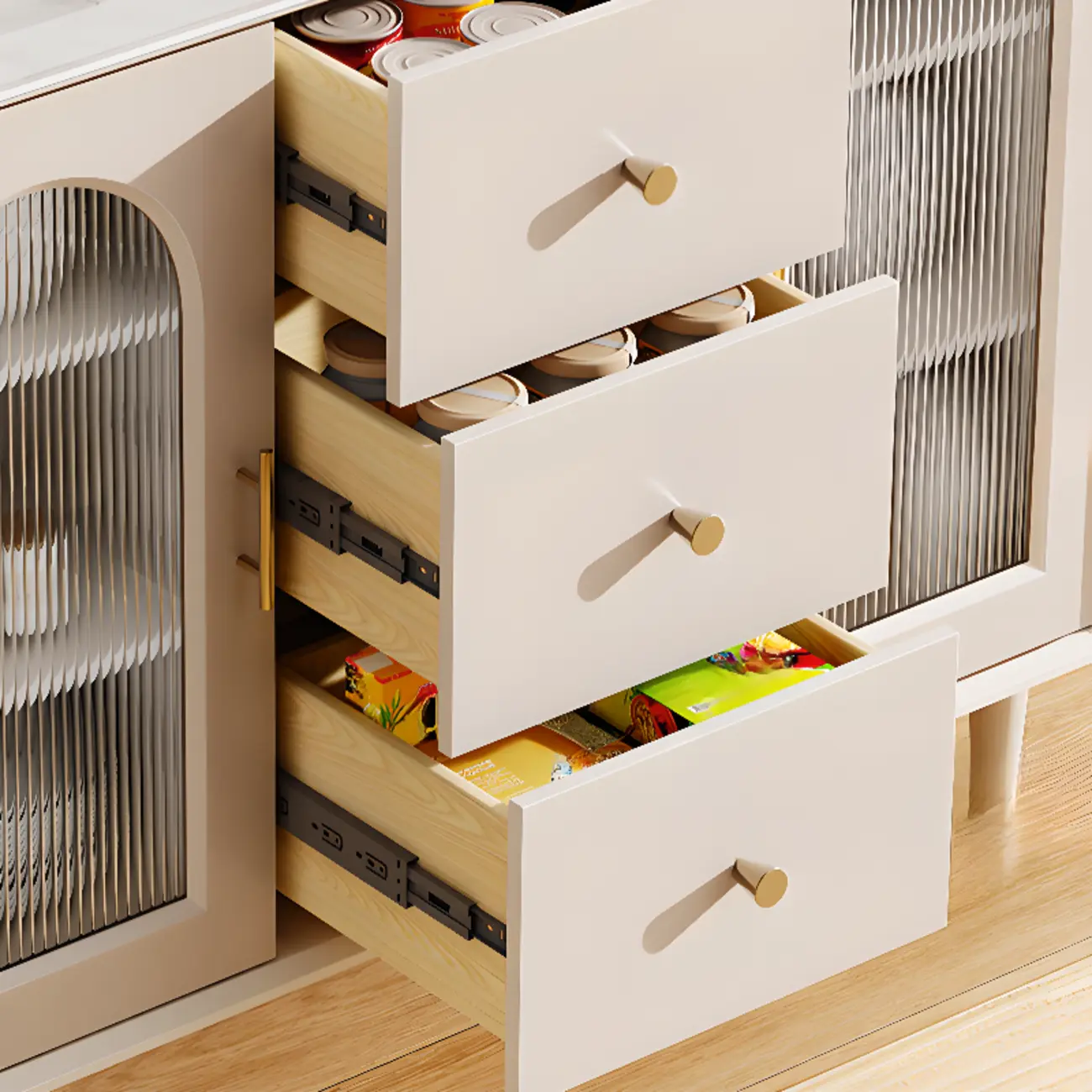 Multi-Functional White Wood Arched Glass Door Sideboard Cabinet Image - 11 | homeyfad