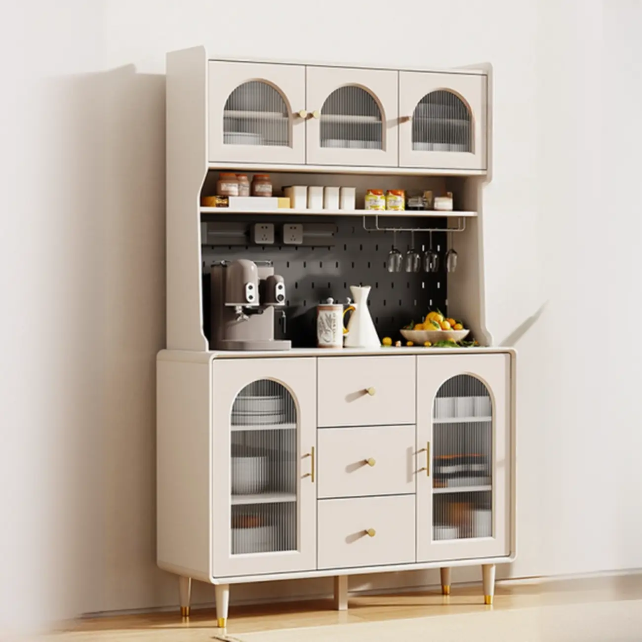 Multi-Functional White Wood Arched Glass Door Sideboard Cabinet Image - 17 | homeyfad