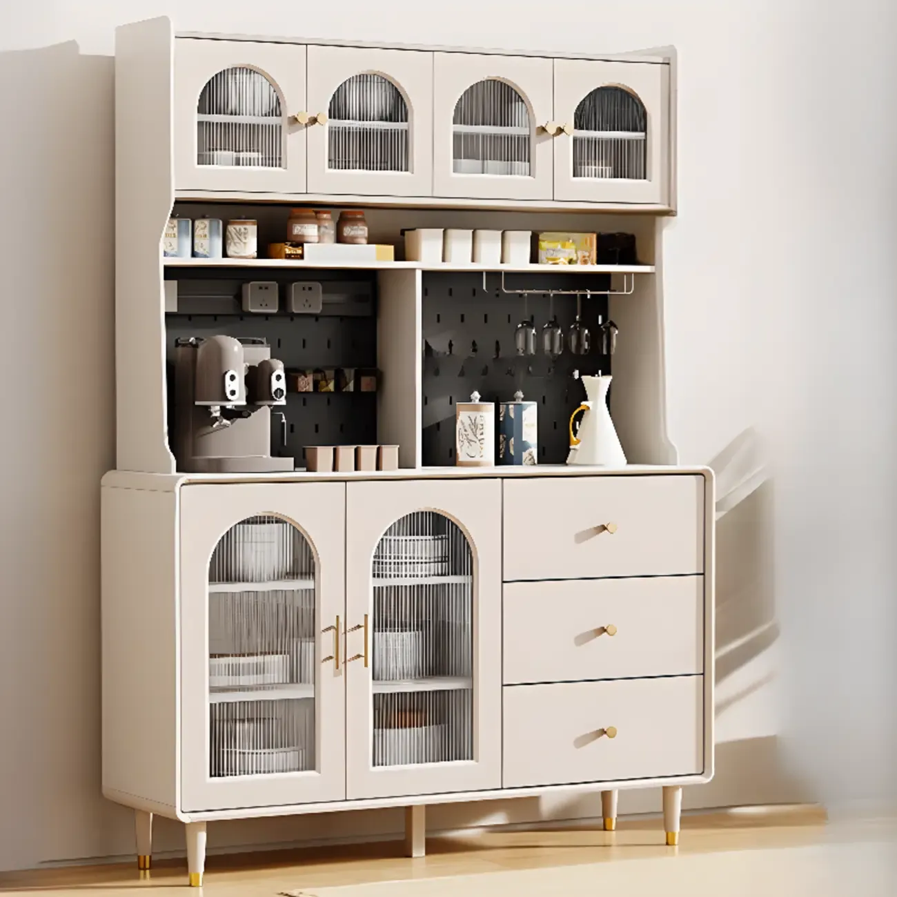 Multi-Functional White Wood Arched Glass Door Sideboard Cabinet Image - 15