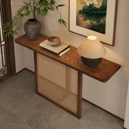 Minimalist Brown Wood Rattan Console Table For Entryway Image - 1