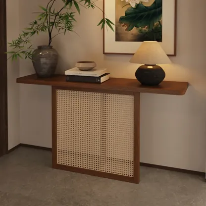 Minimalist Brown Wood Rattan Console Table For Entryway Image - 2