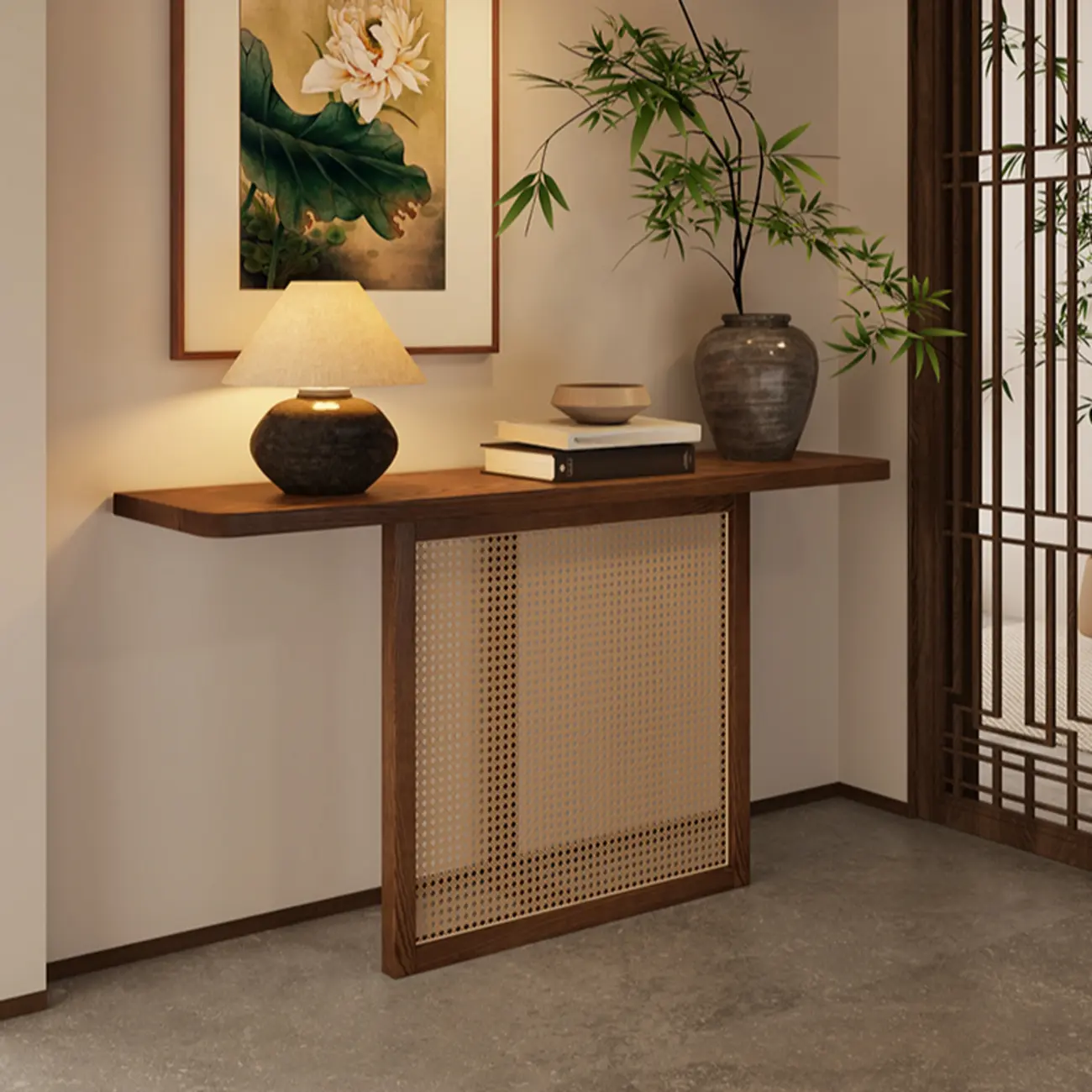 Minimalist Brown Wood Rattan Console Table For Entryway Image - 3 | homeyfad