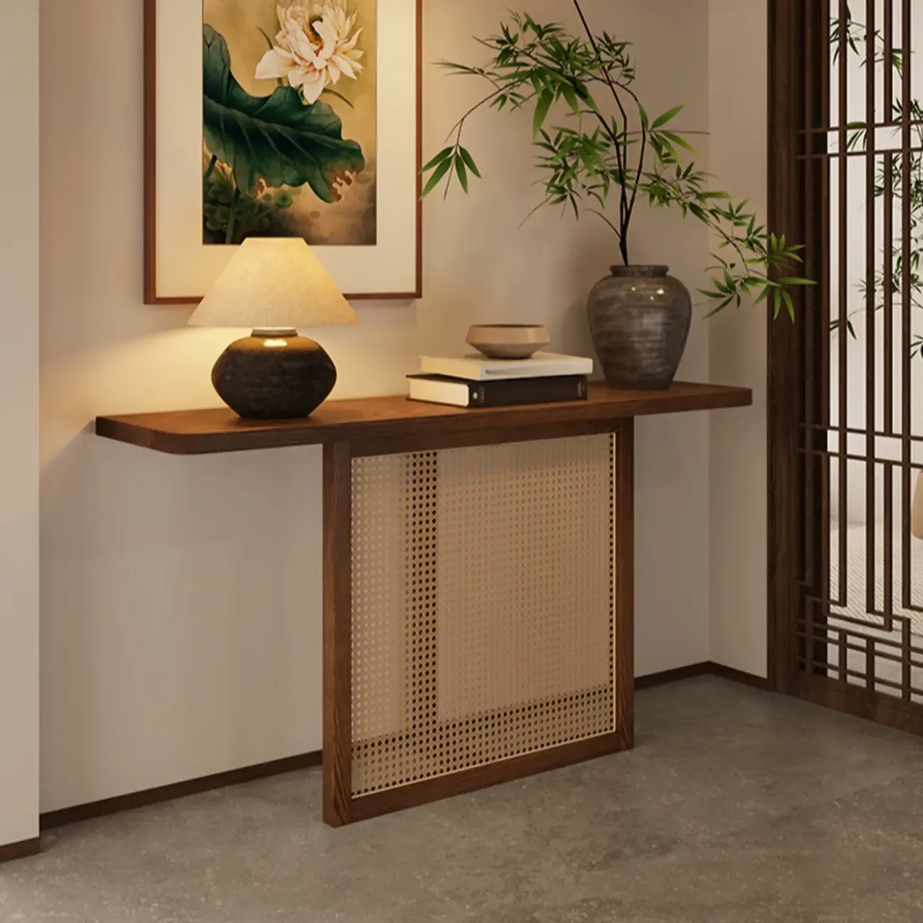 Minimalist Brown Wood Rattan Console Table For Entryway Image - 3