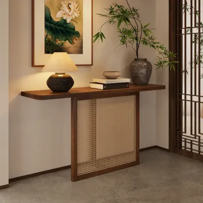 Minimalist Brown Wood Rattan Console Table For Entryway Image - 3