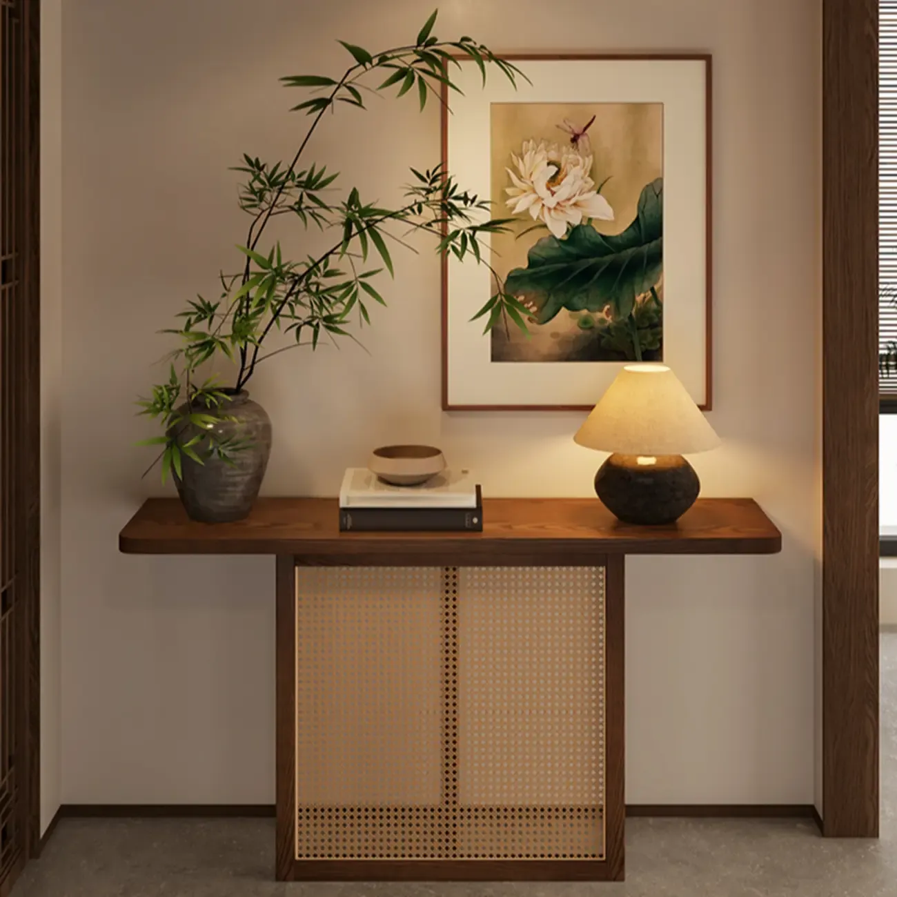 Minimalist Brown Wood Rattan Console Table For Entryway Image - 4