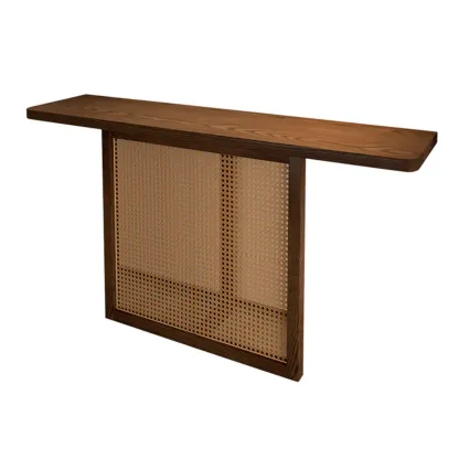 Minimalist Brown Wood Rattan Console Table For Entryway Image - 5
