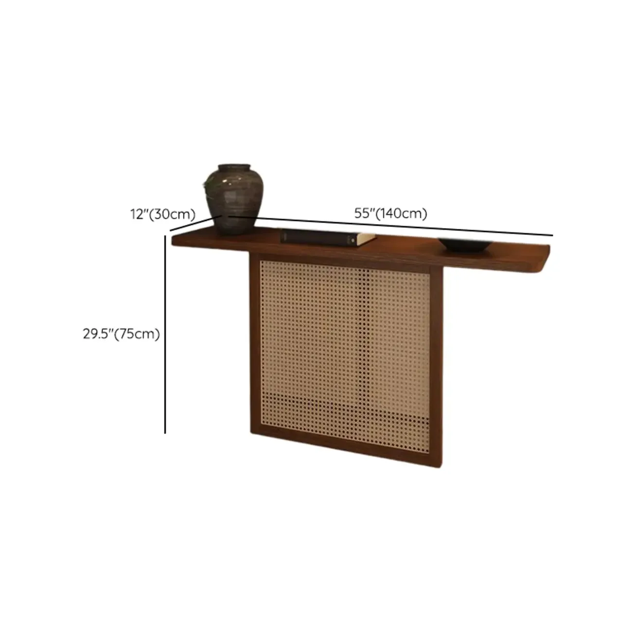 Minimalist Brown Wood Rattan Console Table For Entryway Image - 11