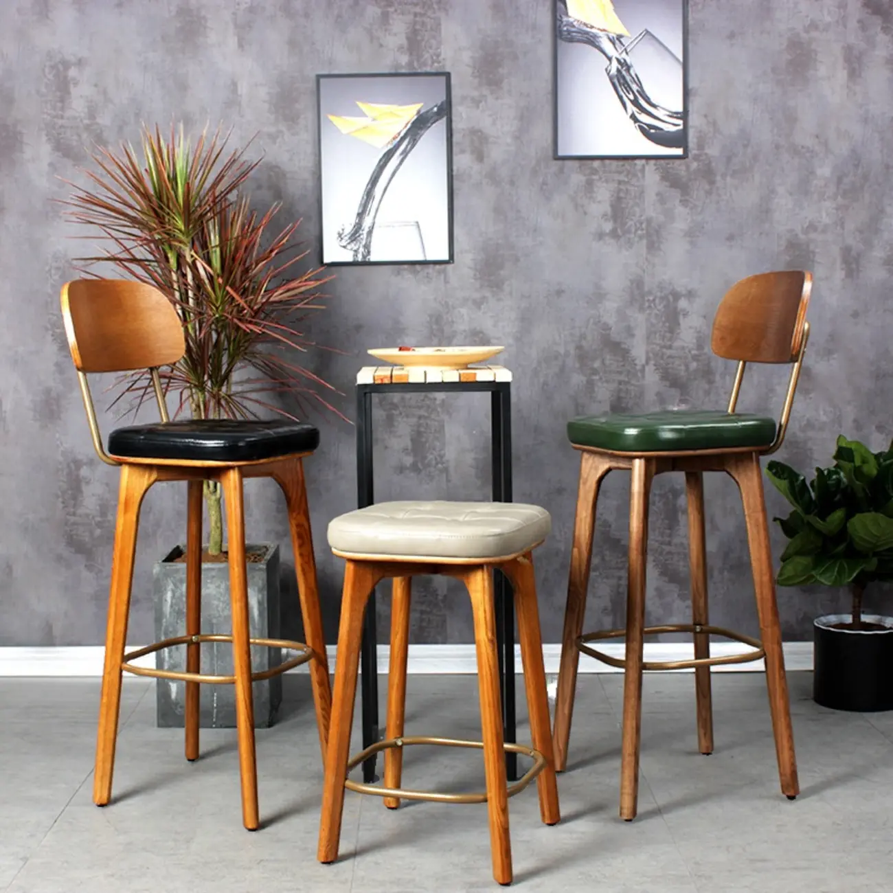 Rustic Square Leather Brown Wooden Bar Stools Image - 6 | homeyfad