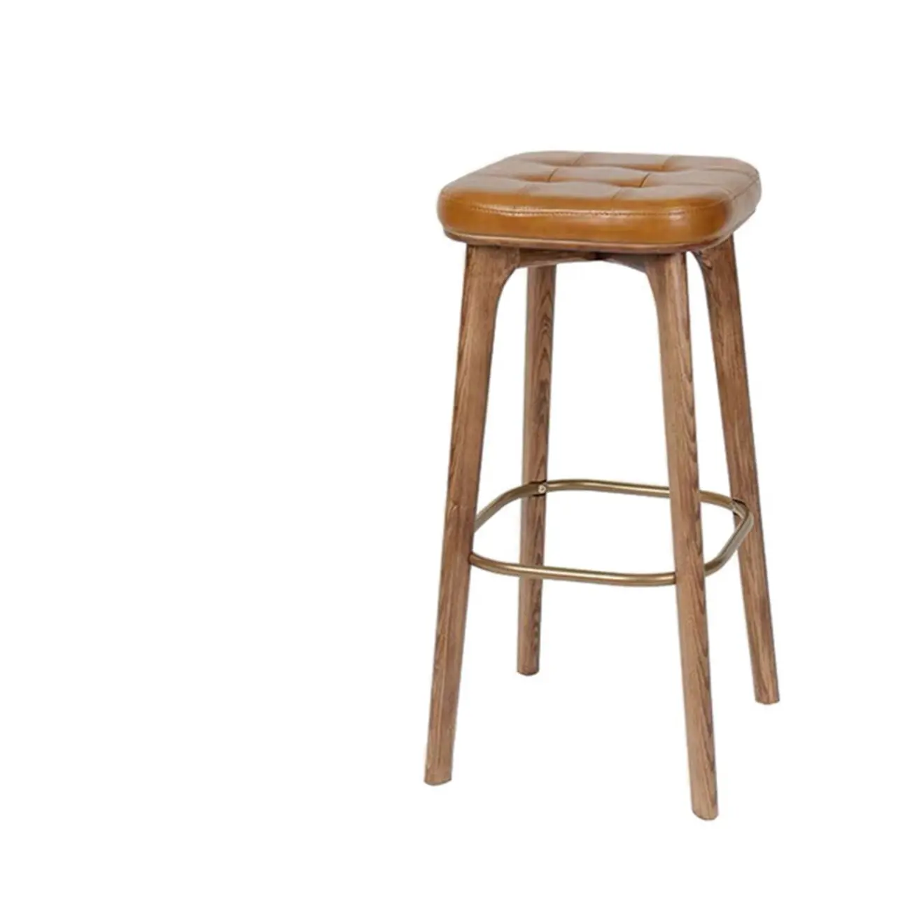 Rustic Square Leather Brown Wooden Bar Stools Image - 4 | homeyfad
