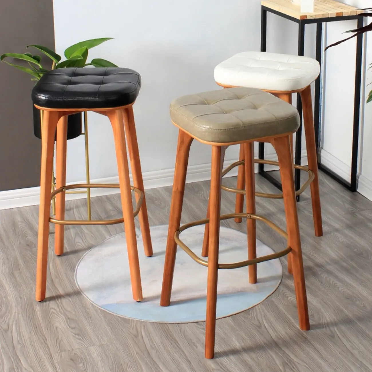 Rustic Square Leather Brown Wooden Bar Stools Image - 2 | homeyfad