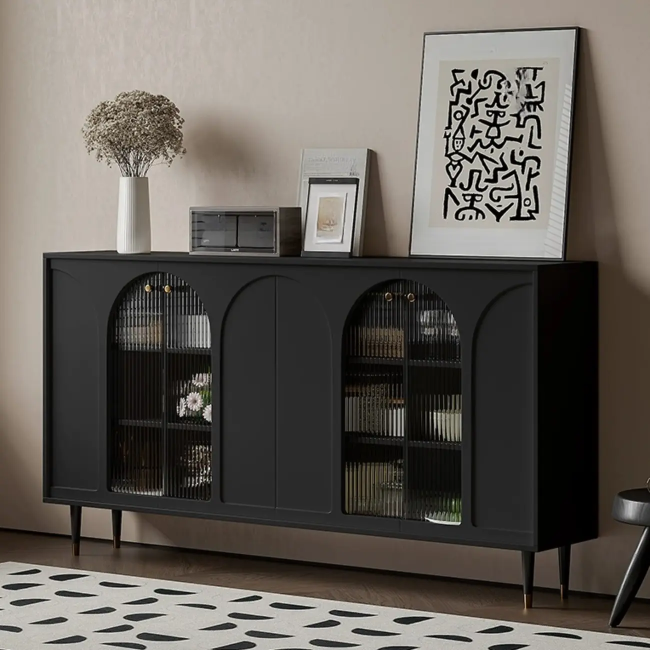 Narrow Black Wooden Glass-Panel Door Buffet Cabinet Image - 1 | homeyfad