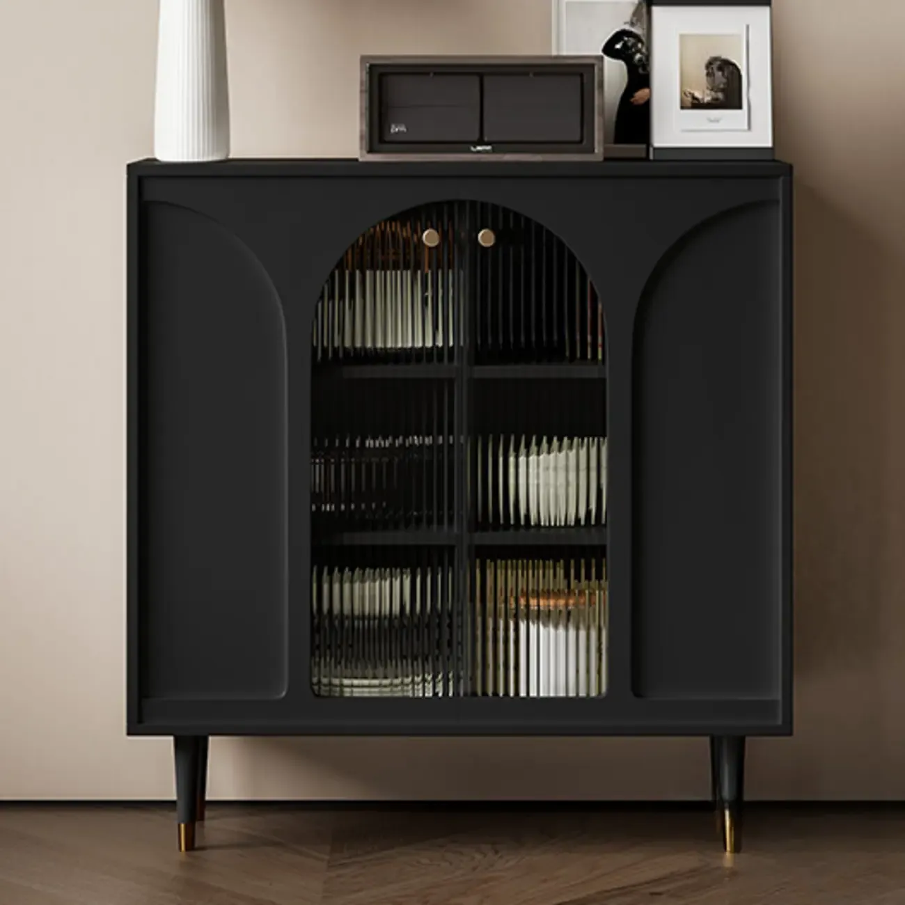 Narrow Black Wooden Glass-Panel Door Buffet Cabinet | HomeyFad