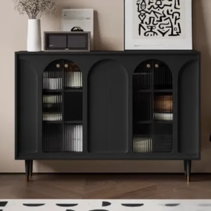 Narrow Black Wooden Glass-Panel Door Buffet Cabinet Image - 6
