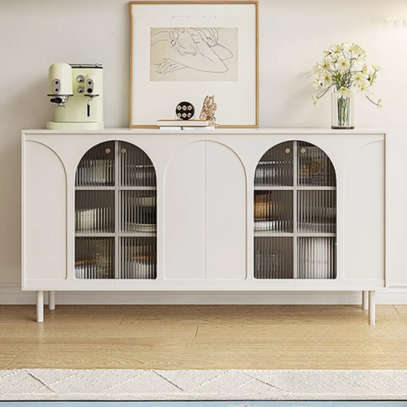 Narrow Black Wooden Glass-Panel Door Buffet Cabinet Image - 3 | homeyfad