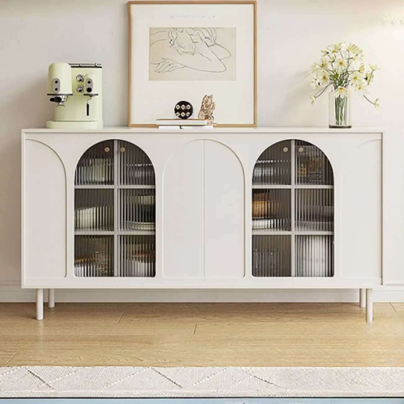 Narrow Black Wooden Glass-Panel Door Buffet Cabinet Image - 3