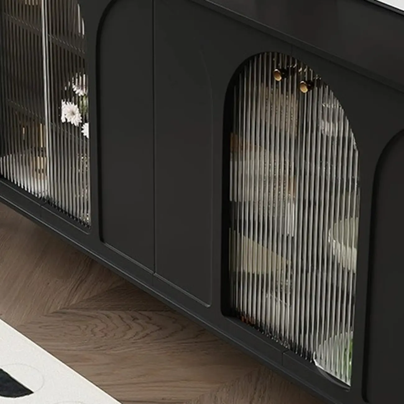 Narrow Black Wooden Glass-Panel Door Buffet Cabinet Image - 7 | homeyfad