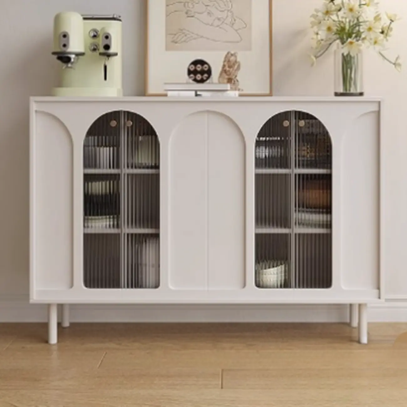 Narrow Black Wooden Glass-Panel Door Buffet Cabinet Image - 9 | homeyfad