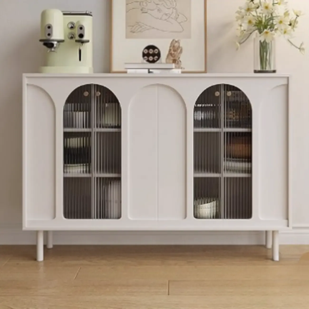 Narrow Black Wooden Glass-Panel Door Buffet Cabinet Image - 9