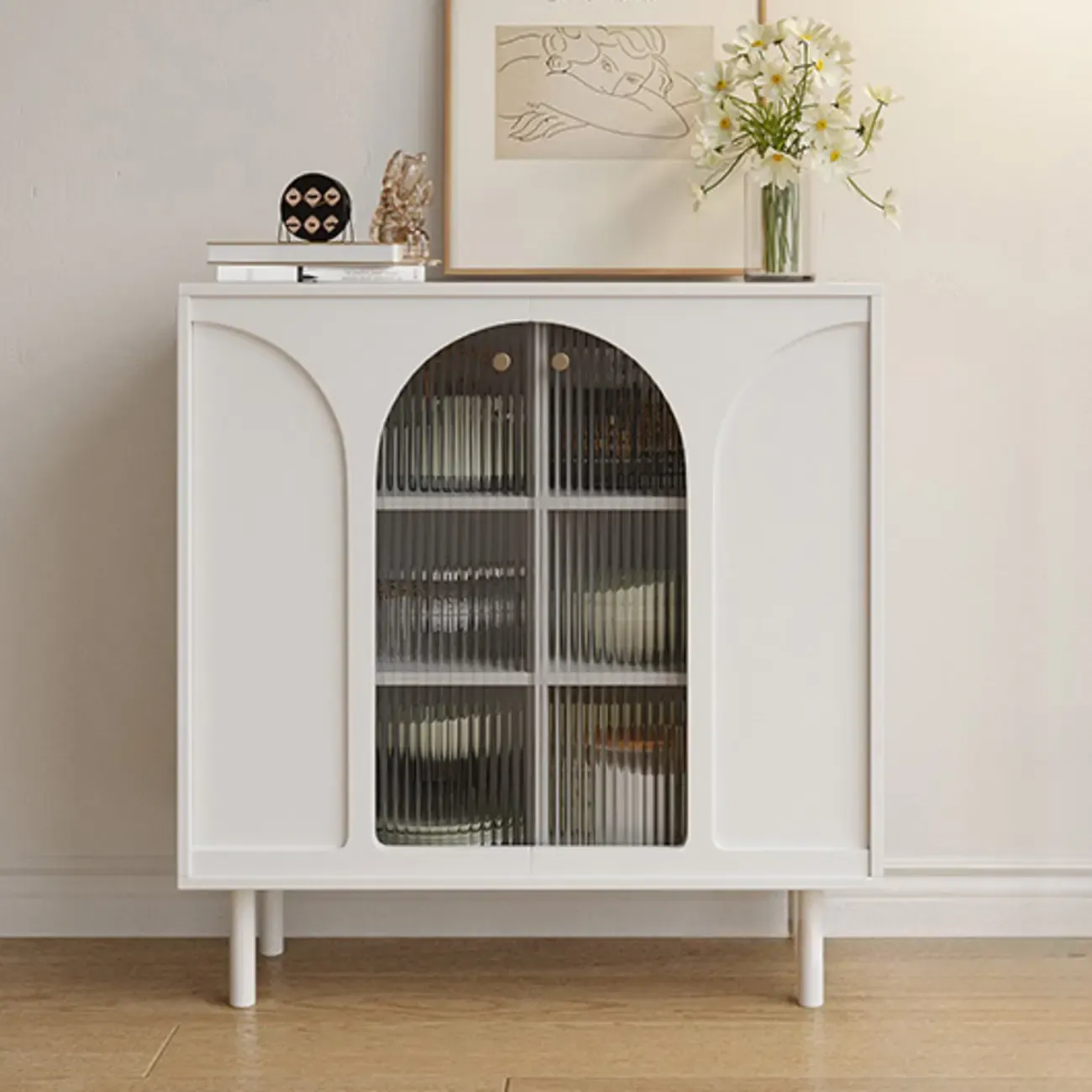 Narrow Black Wooden Glass-Panel Door Buffet Cabinet Image - 10