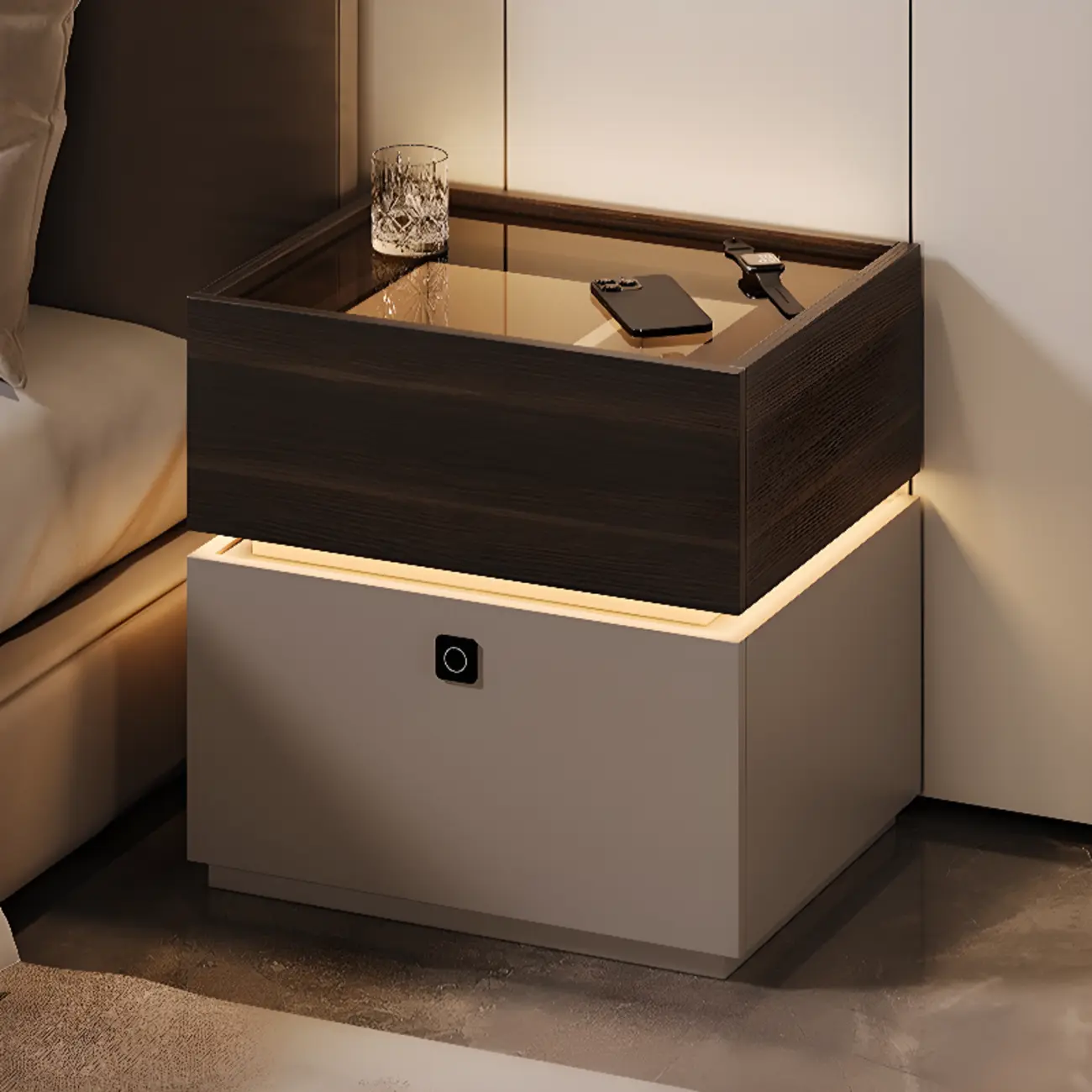 Narrow Black Glass Top 2-Drawer Wood Nightstand with Light Image - 1 | homeyfad