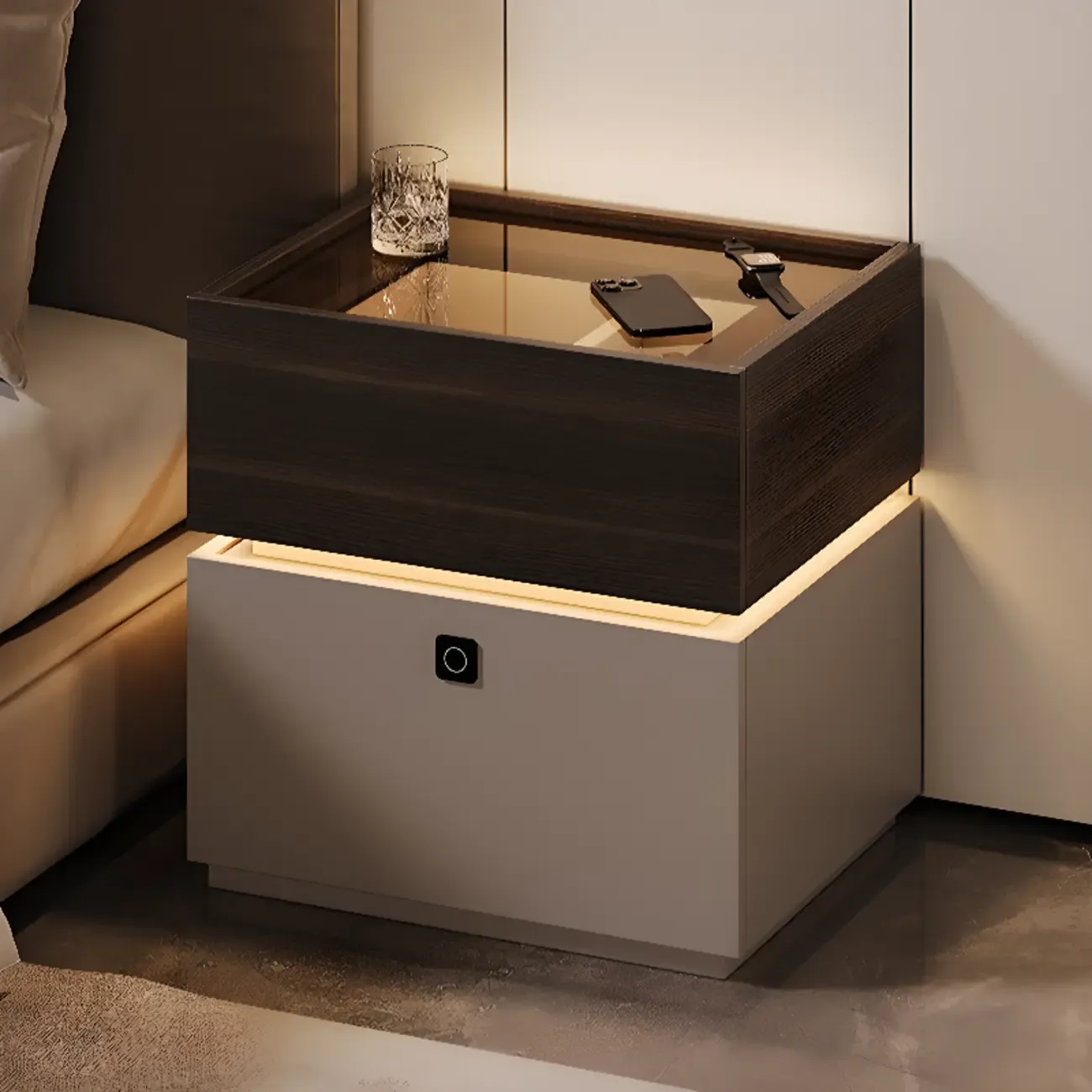 Narrow Black Glass Top 2-Drawer Wood Nightstand with Light Image - 1