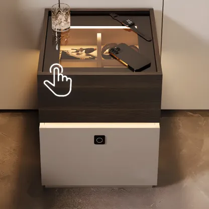 Narrow Black Glass Top 2-Drawer Wood Nightstand with Light Image - 2