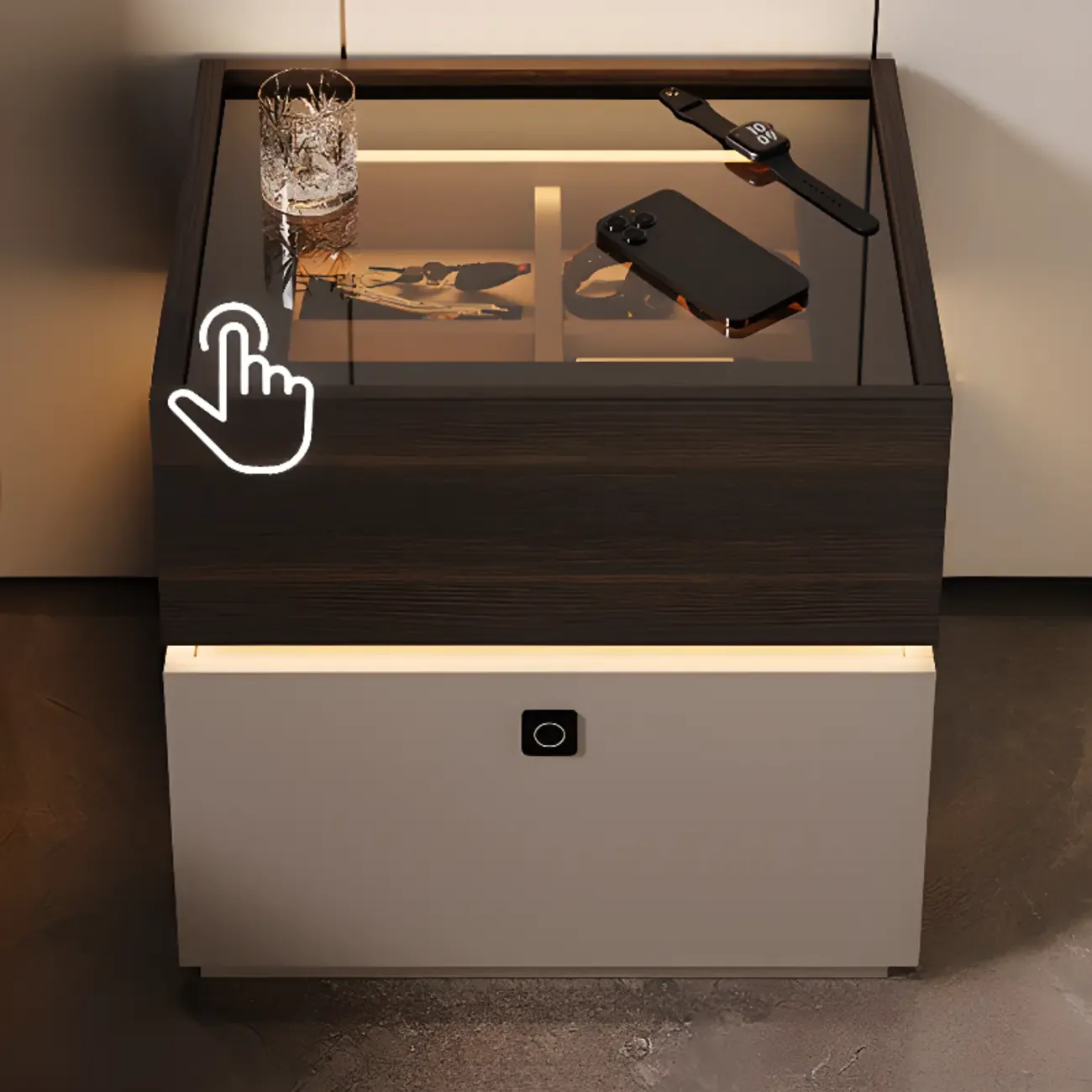 Narrow Black Glass Top 2-Drawer Wood Nightstand with Light Image - 3