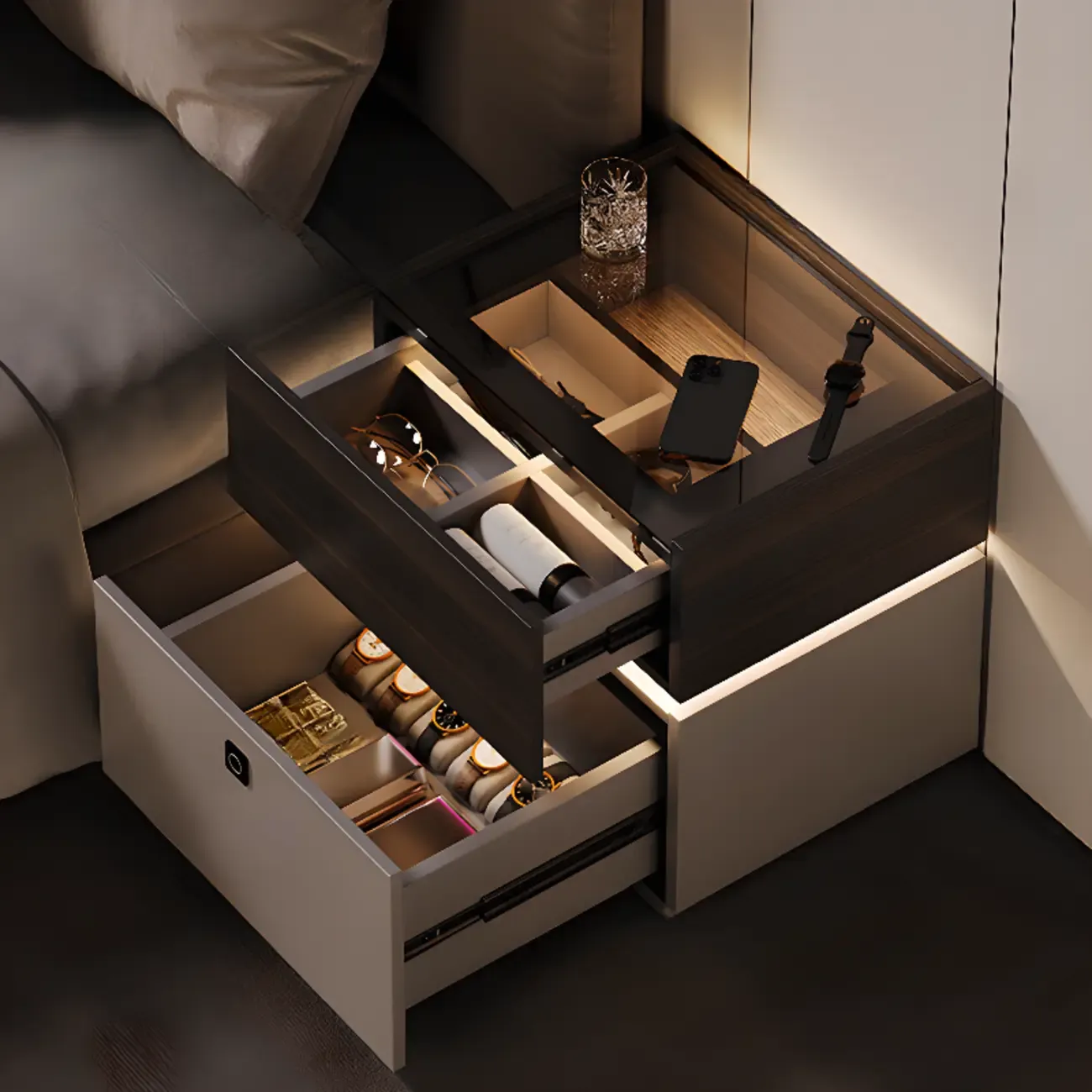 Narrow Black Glass Top 2-Drawer Wood Nightstand with Light Image - 4