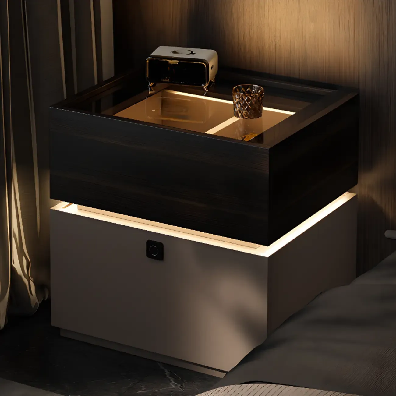 Narrow Black Glass Top 2-Drawer Wood Nightstand with Light Image - 5