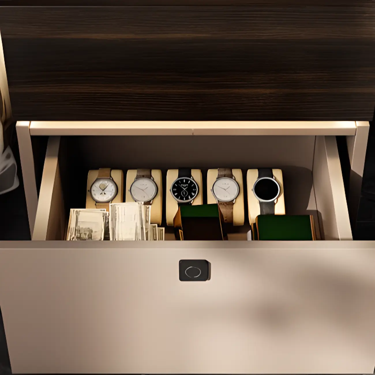 Narrow Black Glass Top 2-Drawer Wood Nightstand with Light Image - 6 | homeyfad