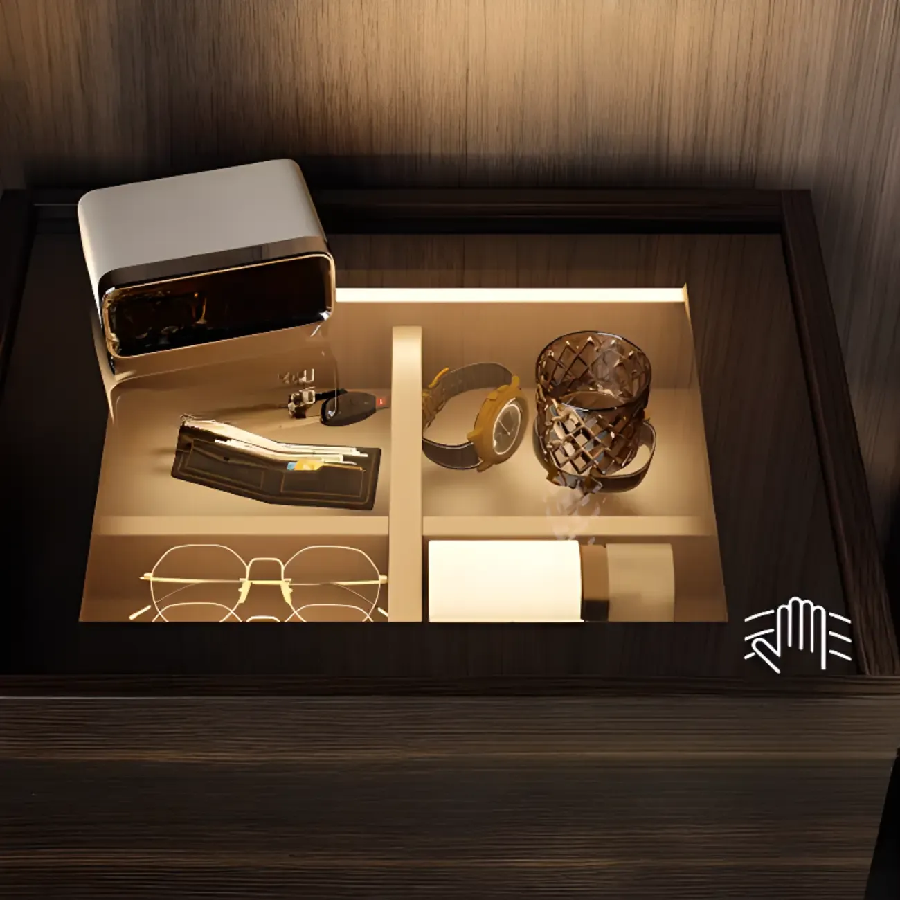 Narrow Black Glass Top 2-Drawer Wood Nightstand with Light Image - 7