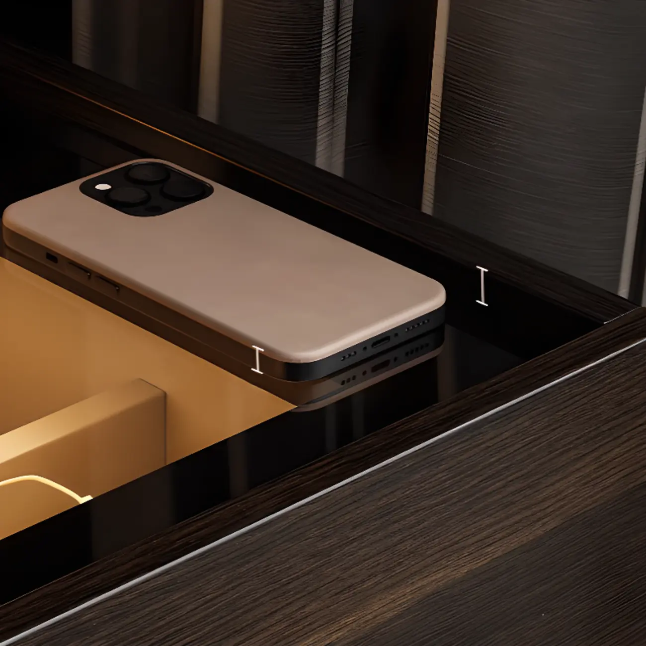 Narrow Black Glass Top 2-Drawer Wood Nightstand with Light Image - 8 | homeyfad