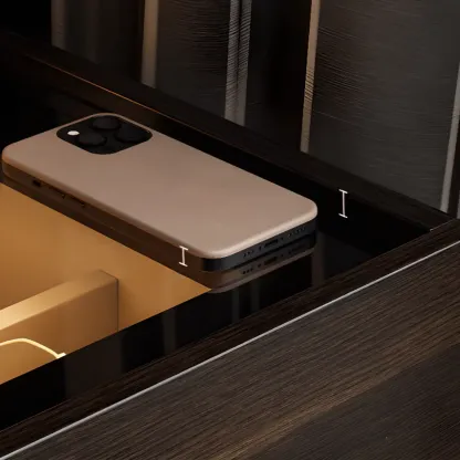 Narrow Black Glass Top 2-Drawer Wood Nightstand with Light Image - 8