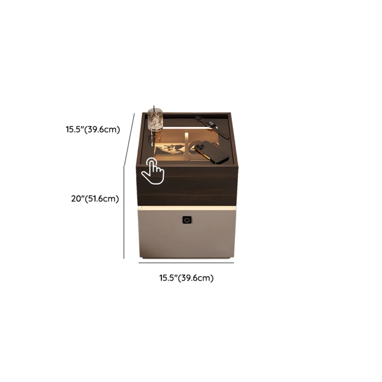 Narrow Black Glass Top 2-Drawer Wood Nightstand with Light #size | homeyfad