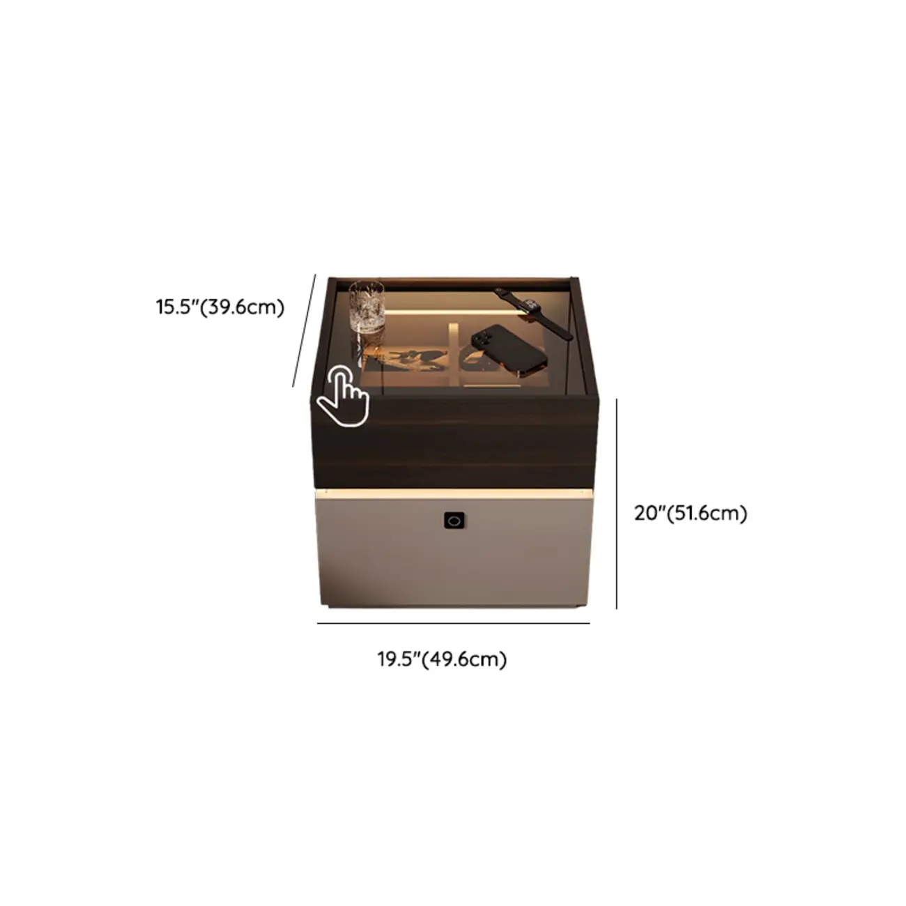 Narrow Black Glass Top 2-Drawer Wood Nightstand with Light Image - 11 | homeyfad