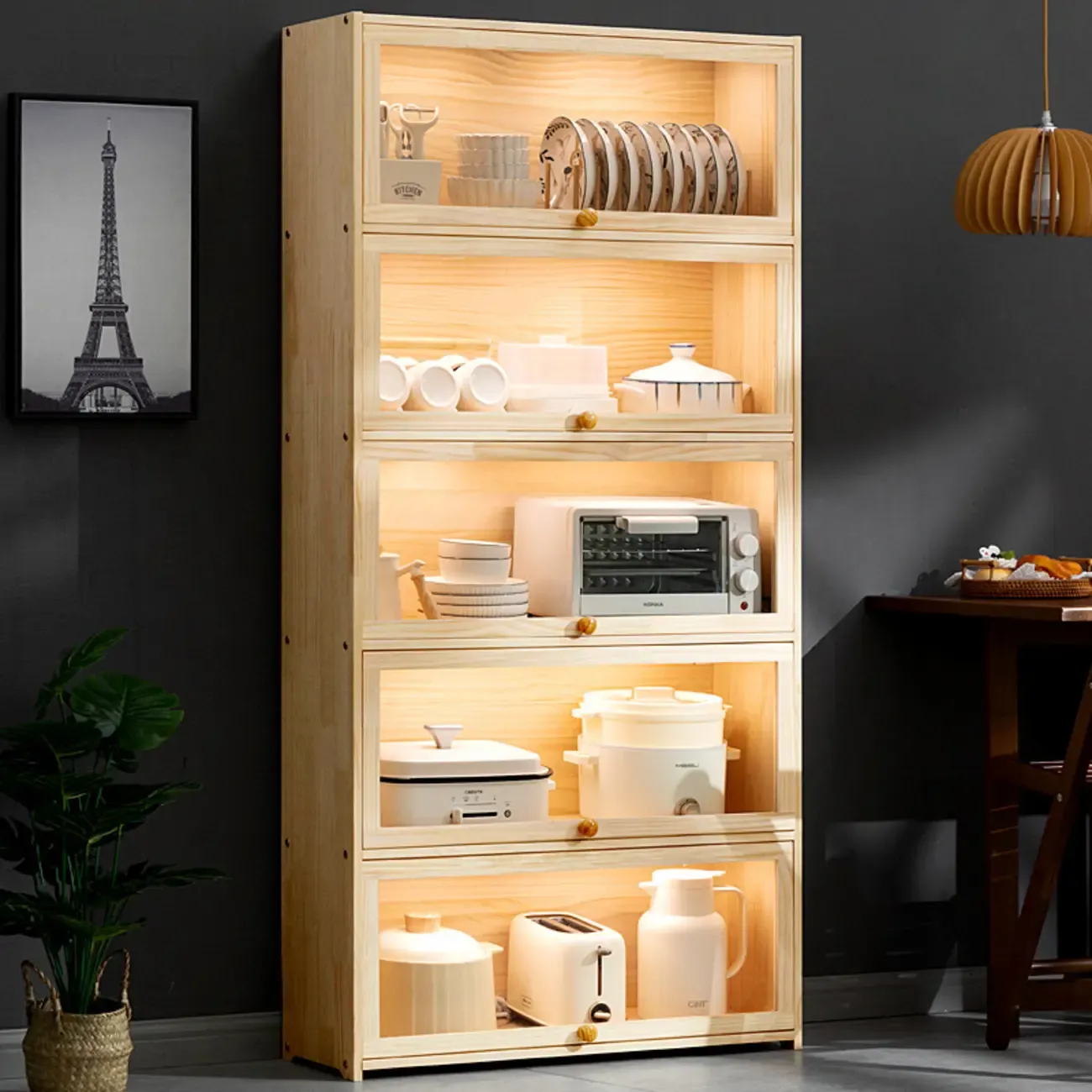 Kitchen Natural Wooden Multi-Shelf China Cabinet Image - 1