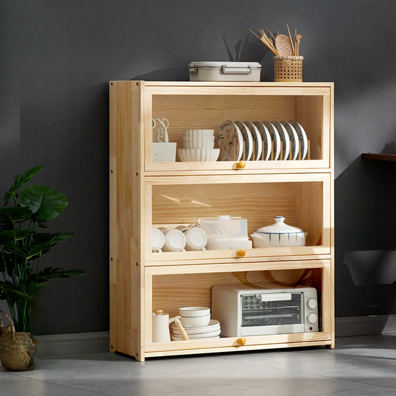 Kitchen Natural Wooden Multi-Shelf China Cabinet Image - 7 | homeyfad