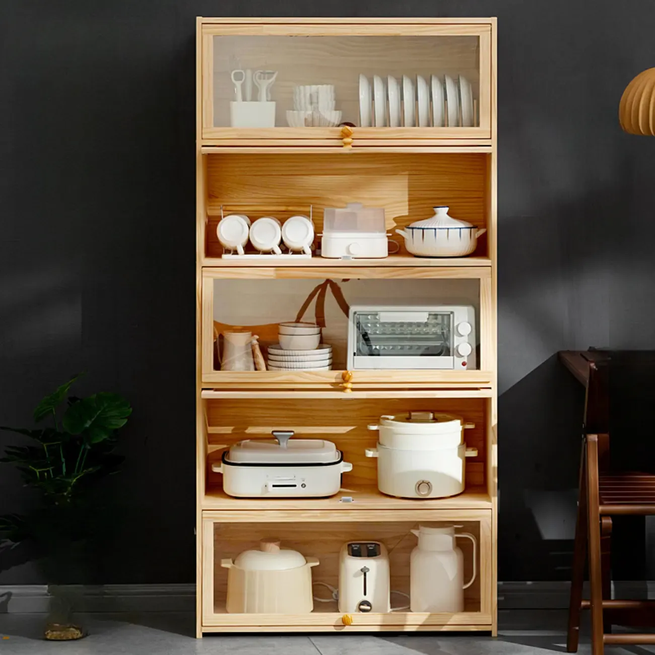 Kitchen Natural Wooden Multi-Shelf China Cabinet Image - 2