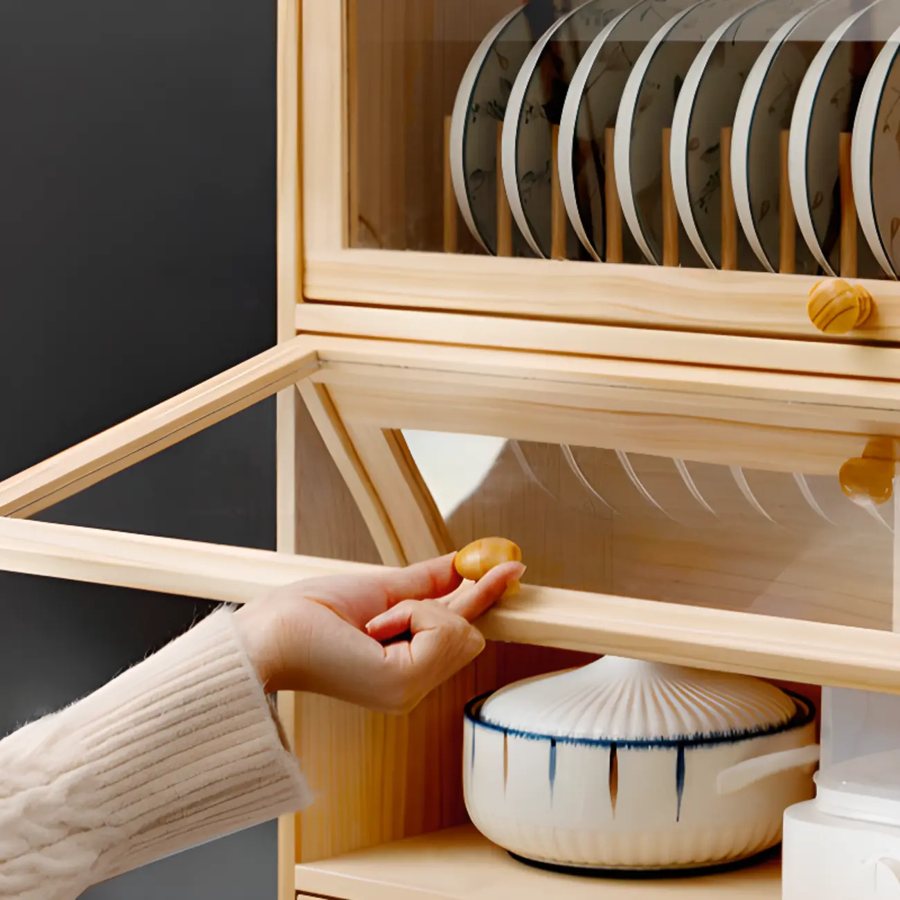 Kitchen Natural Wooden Multi-Shelf China Cabinet Image - 9 | homeyfad