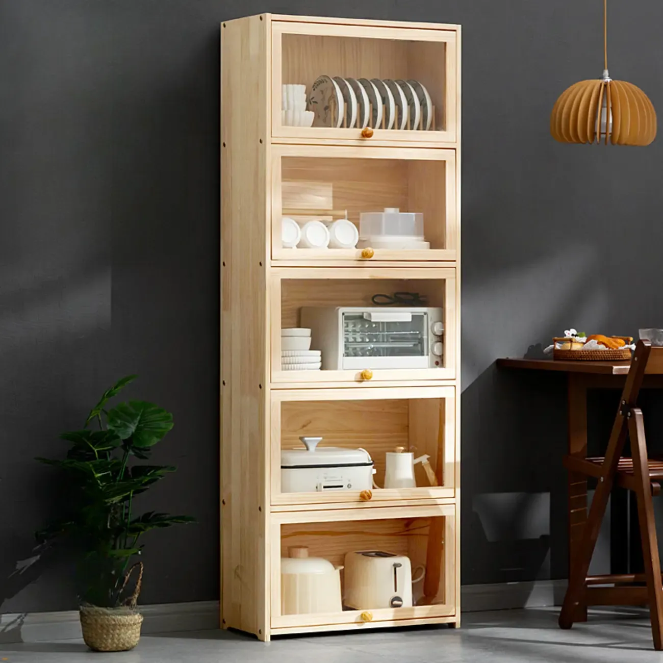 Kitchen Natural Wooden Multi-Shelf China Cabinet Image - 4